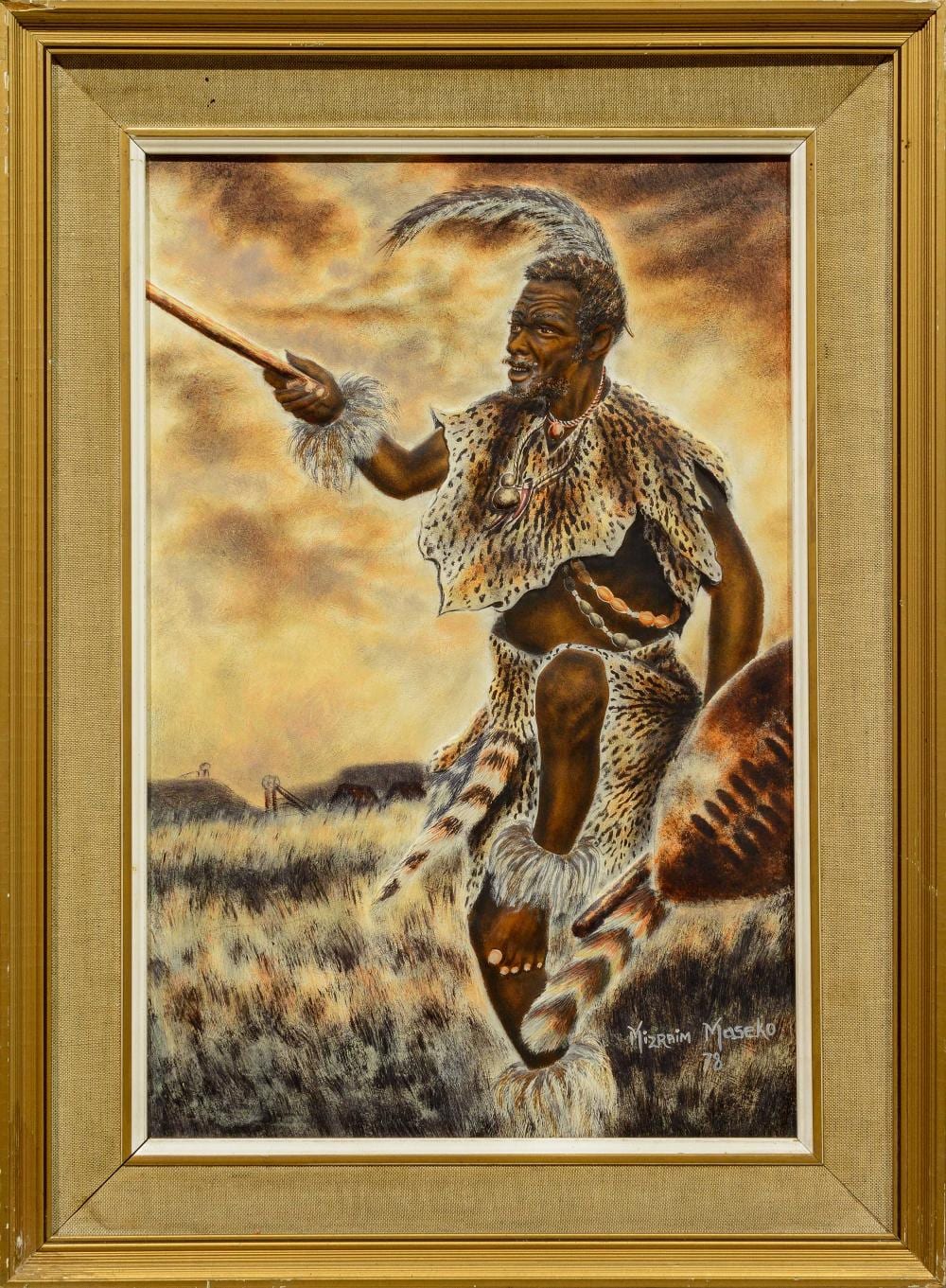 Mizraim Maseko comparable auction result: mizraim maseko sa born 1927 oil on hide shangaan mine dancer signed dated 78 titled verso 45 x 30