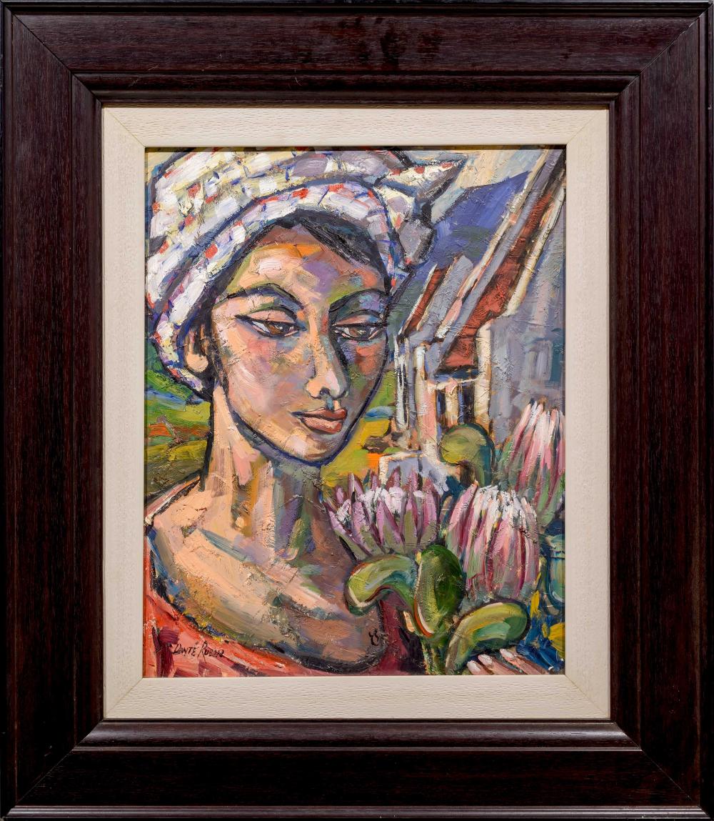 Dante Ruben comparable auction result: dante ruben sa born 1962 oil woman with proteas signed 50 x 40