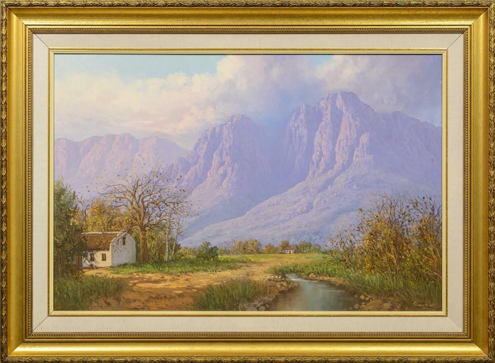Casey Van Der Leek comparable auction result: casey van der leek sa 20th c oil mountain landscape with cape dutch cottage and stream signed 60 x 90