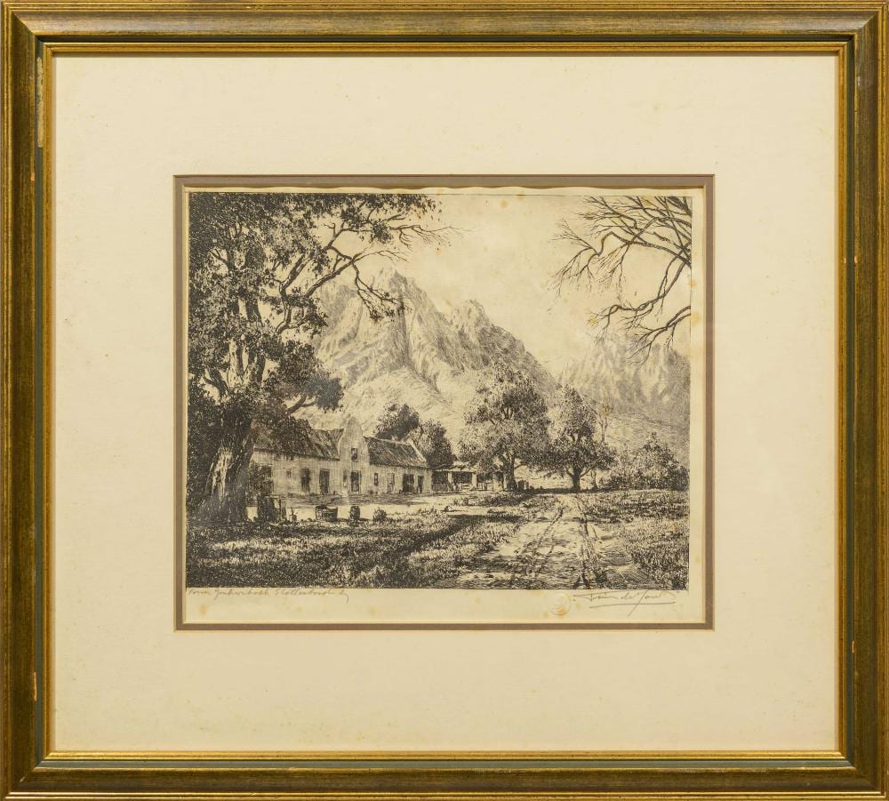 tinus de jongh sa 1885 1942 engraving farm jonkerhoek stellenbosch signed titled in pencil 23 x 28 · 5th Avenue Auctioneers · 2025-02-23 Tinus de Jongh comparable auction result: tinus de jongh sa 1885 1942 engraving farm jonkerhoek stellenbosch signed titled in pencil 23 x 28