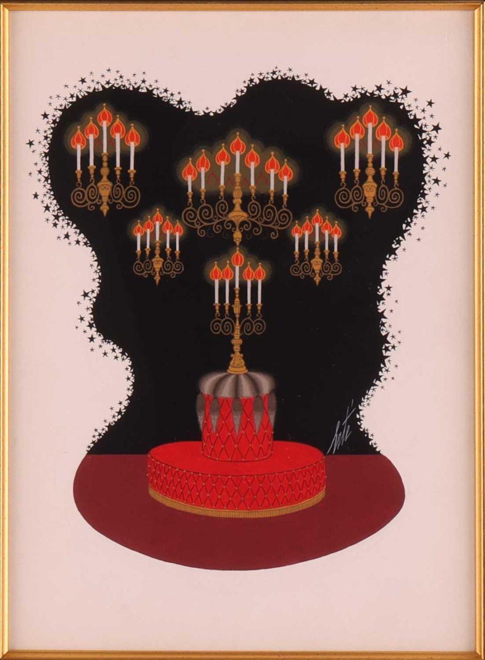 † Erte [Romain de Tirtoff] (Russian/French 1892 - 1990) Raspoutine Signed in white 'Erte' (lower right), Titled "Raspoutine" (verso) Gouache on paper 36 x 26cm, framed and glazed 79 x 69cm Together with a certificate of authenticity sold by Dawsons Auctioneers, lot 84 — auction record photograph