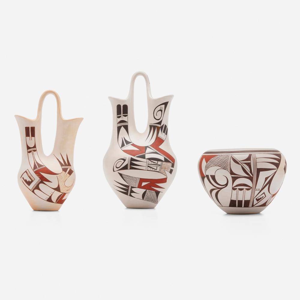 Joy Navasie comparable auction result: joy navasie frog woman collection of three hopi tewa vessels