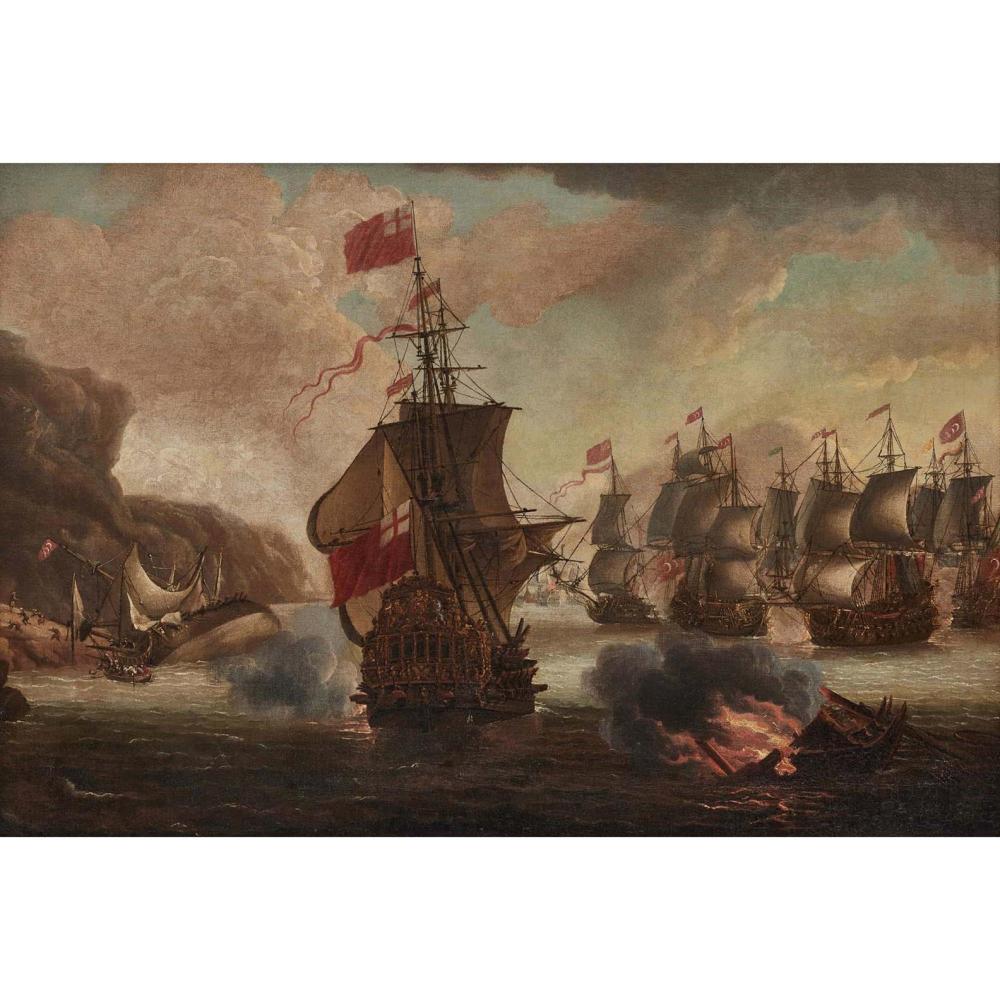 Adriaen van Diest comparable auction result: adriaen van diest dutch 1655 1704 english man o war engaged in battle with ships of the ottoman empire oil on canvas 69 x 102cm