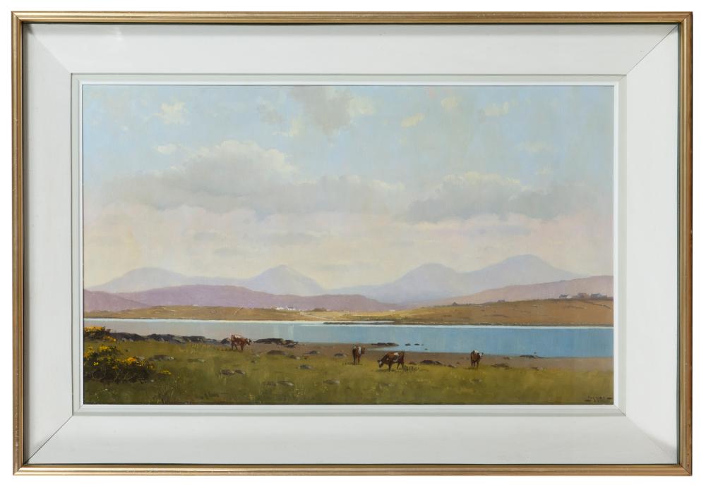 Padraig Lynch comparable auction result: padraig lynch b 1936 a seascape with cattle and cottages signed padraig lynch lower right oil on canvas 46 x 74cm