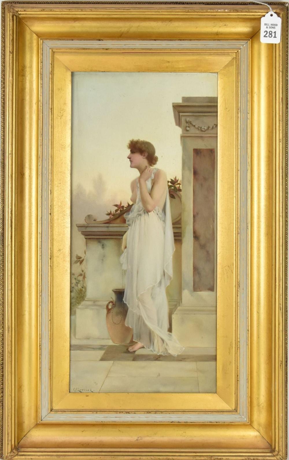 Charles Frederick Lowcock comparable auction result: charles frederick lowcock oil painting classical woman with water jug circa 1900 on mahogany panel