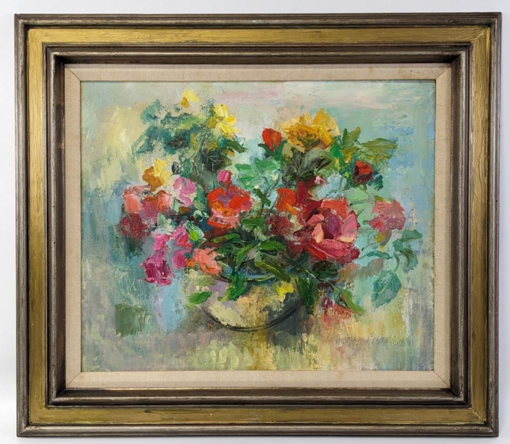 Paula Raney Newman comparable auction result: paula raney newman roses oil on board
