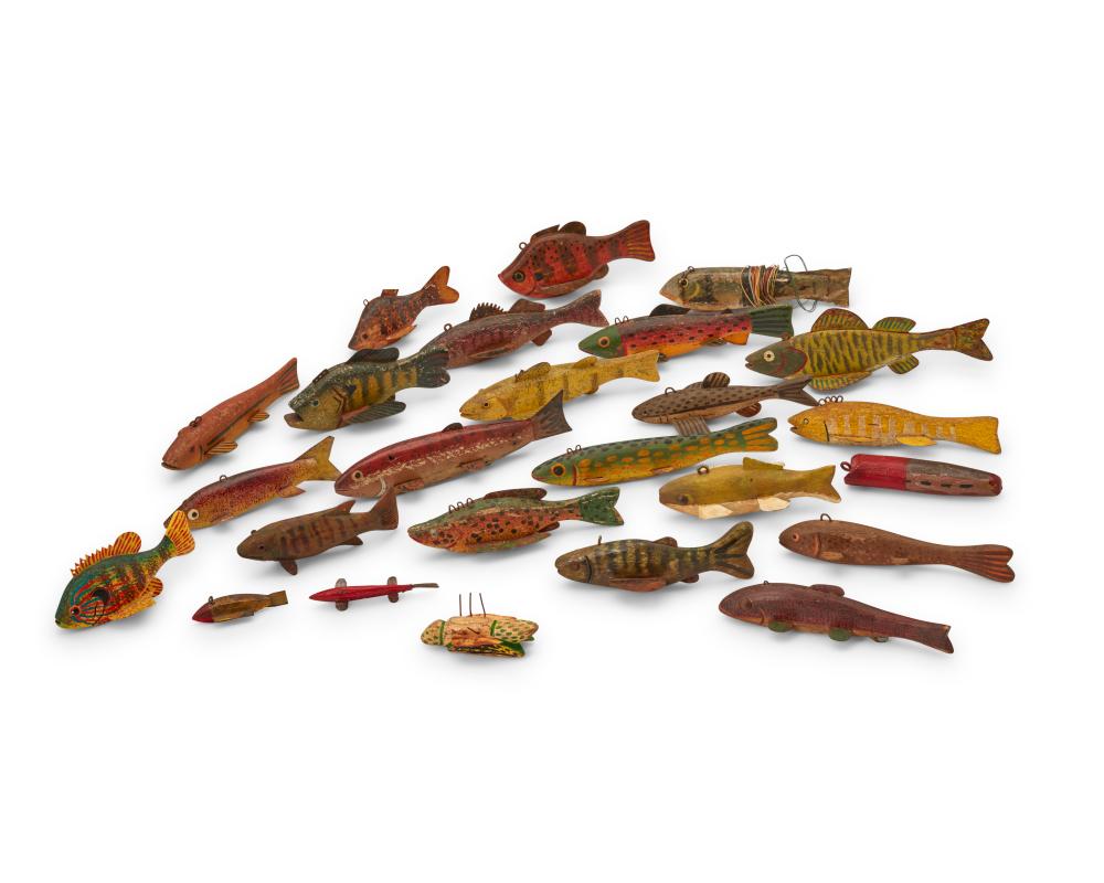 A group of polychrome wood fishing lures sold by John Moran Auctioneers, lot 1098 — auction record photograph