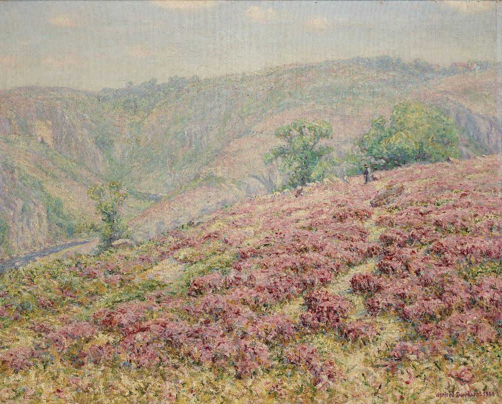 Wynford Dewhurst comparable auction result: wynford dewhurst rba a hilly river landscape in summer a figure walking with their dog