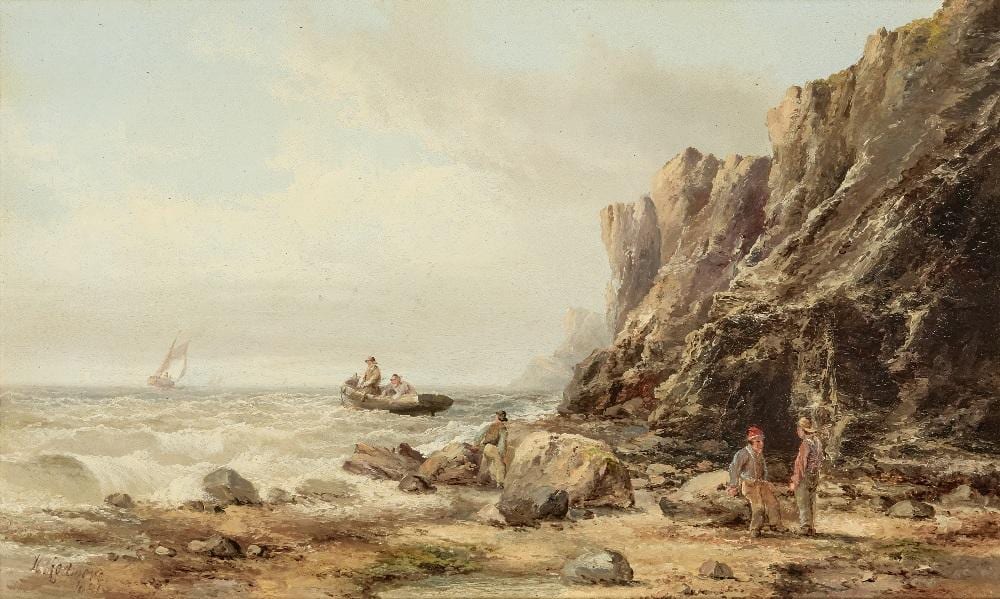 Henry Redmore comparable auction result: henry redmore boats coming ashore at the foot of a cliff