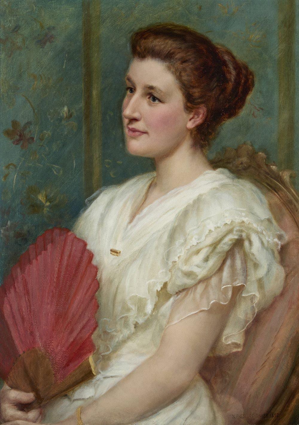 Norman Prescott Davies comparable auction result: norman prescott davies portrait of rachel armstrong robertson day seated half length wearing a white dress and holding a red fan