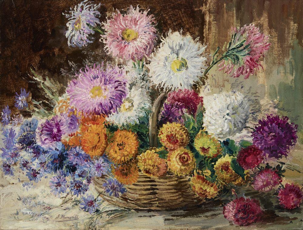 jos mongrell still life with white purple and orange chrysanthemums in a basket · Roseberys · 2025-03-12 José Mongrell Torrent comparable auction result: jos mongrell still life with white purple and orange chrysanthemums in a basket