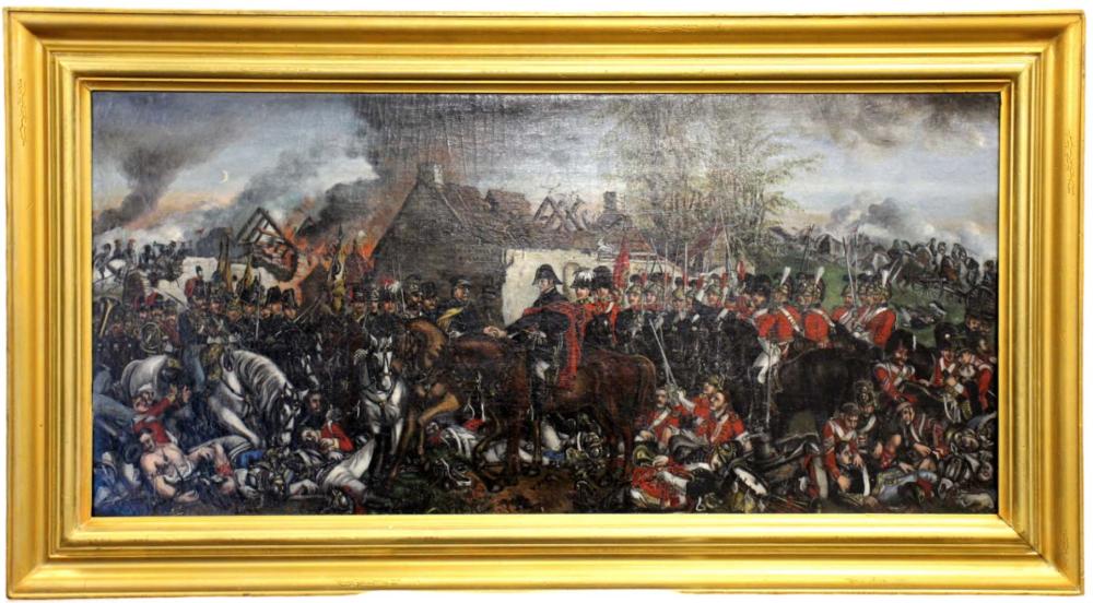 Incredible Large Antique Oil on Canvas Painting ''Battle Of Waterloo 1815''. Highly Detailed with Multiple Intricate Scenes, Soldiers with Swords Guns, Helmets & Armor. sold by Sofe Design Auctions, lot 7209 — auction record photograph