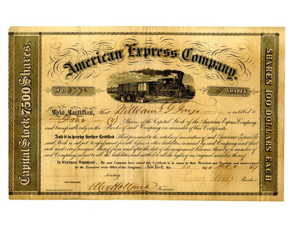 Henry Wells comparable auction result: henry wells signed american express stock made out to partner william g fargo