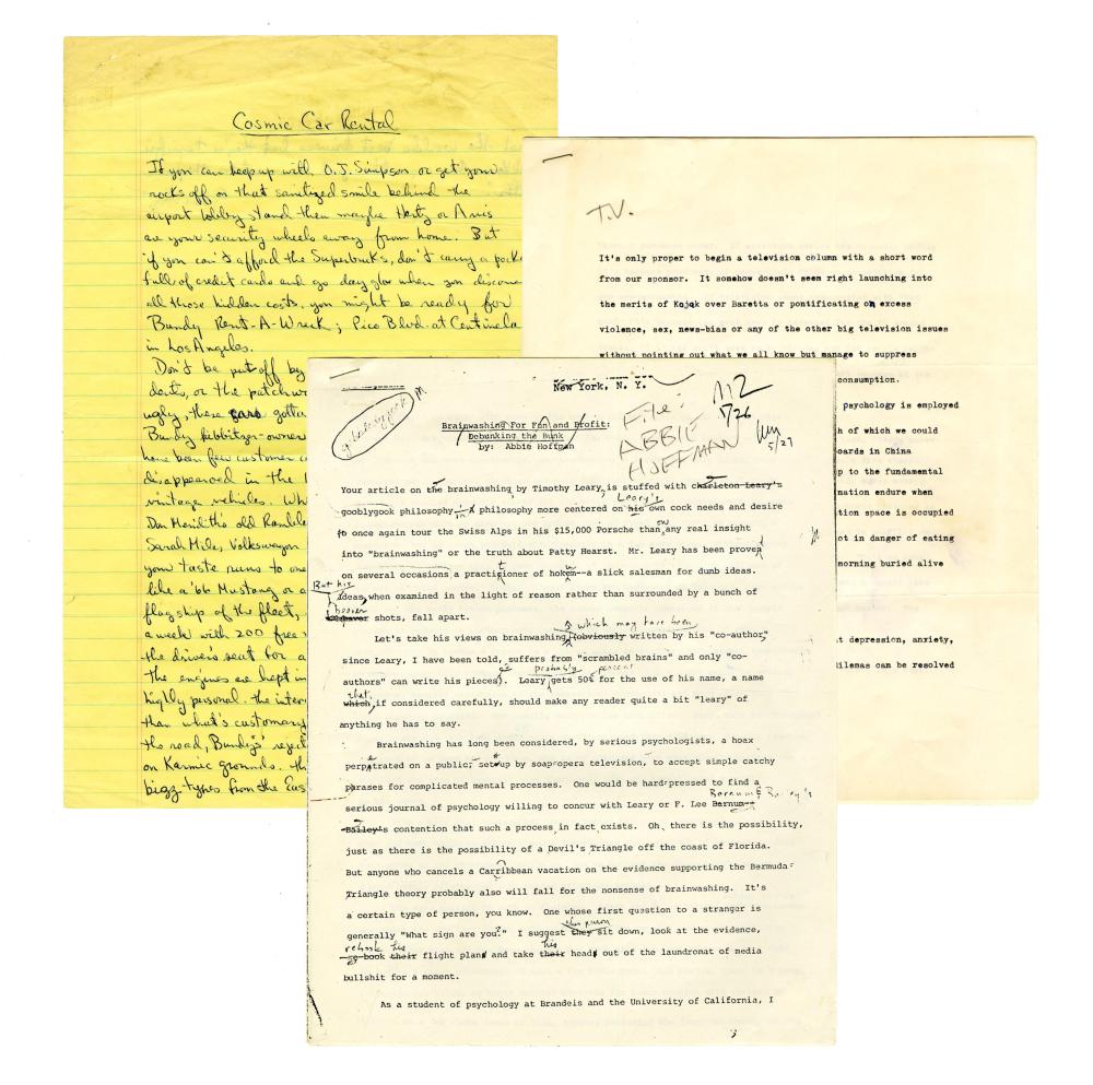 Abbie Hoffman Manuscript "Cosmic Car Rental" Signed with Two Typed Manuscripts sold by University Archives, lot 459 — auction record photograph