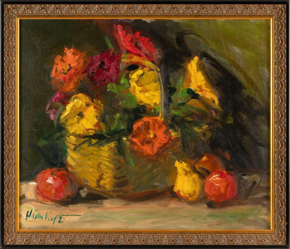 Helen Van Wyk comparable auction result: helen van wyk massachusetts new jersey 1930 1994 flower bouquet with fruit oil on board 19 75 x 23 5 sight framed 23 25 x 27 25