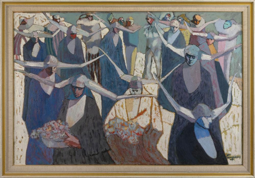 Bonnie Whittingham comparable auction result: bonnie whittingham massachusetts new york california 1921 1997 nuns in cornettes some holding flowers oil on canvas 28 x 41 framed 32 x 46 5