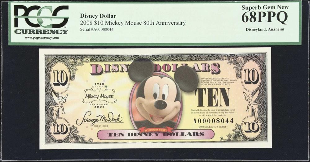 Lot of (3) Disney Dollars. 2008 $10. PCGS Currency Gem New 65 PPQ to Superb Gem New 68 PPQ. sold by Stack's Bowers Galleries, lot 96278 — auction record photograph