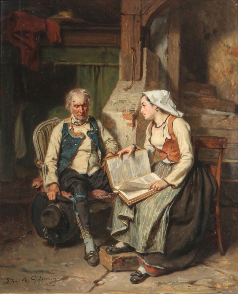 Alexandre Marie Guillemin comparable auction result: alexandre marie guillemin 1817 1880 reading evening with daughter