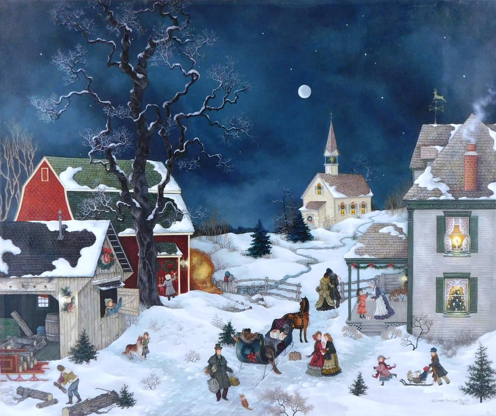 Linda Nelson Stocks (American, 1938 - 2011), "Home for Christmas", 1989, oil on canvas, unframed, unframed, signed and dated lower right, titled on verso, depicts a picturesque starry winter night, church and home win... sold by Winter Associates, Inc., lot 72 — auction record photograph