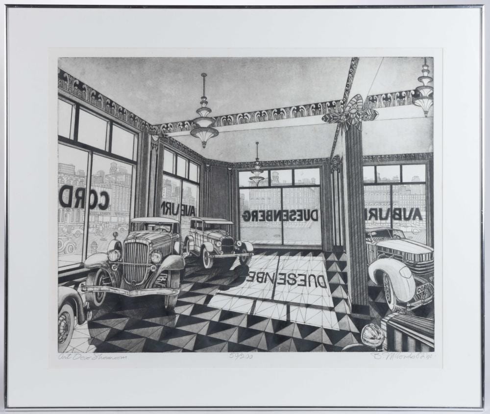 bruce mccombs american b 1943 art deco showroom automobile themed etching · Jeffrey S. Evans & Associates · 2025-03-06 Bruce McCombs comparable auction result: bruce mccombs american b 1943 art deco showroom automobile themed etching