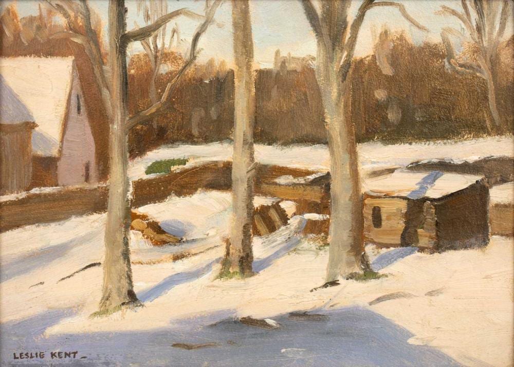 Leslie Kent comparable auction result: leslie kent 1890 1980 snow in the garden signed inscribed to label verso oil on board 20 x 27 5cm