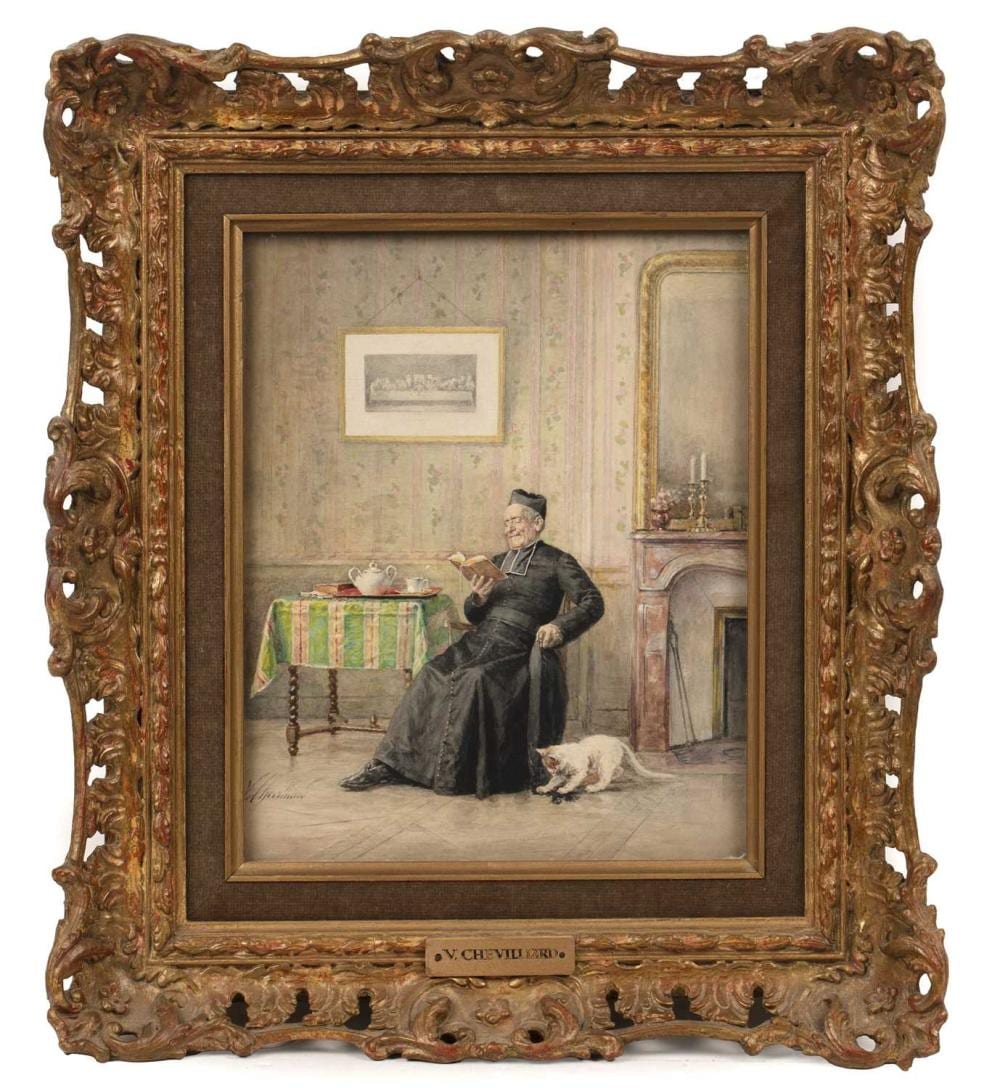 Vincent Chevilliard comparable auction result: vincent chevilliard 1841 1904 a teatime read signed watercolour 21 5 x 17cm and another by the same hand an exhausting day 20 x 16 5cm 2