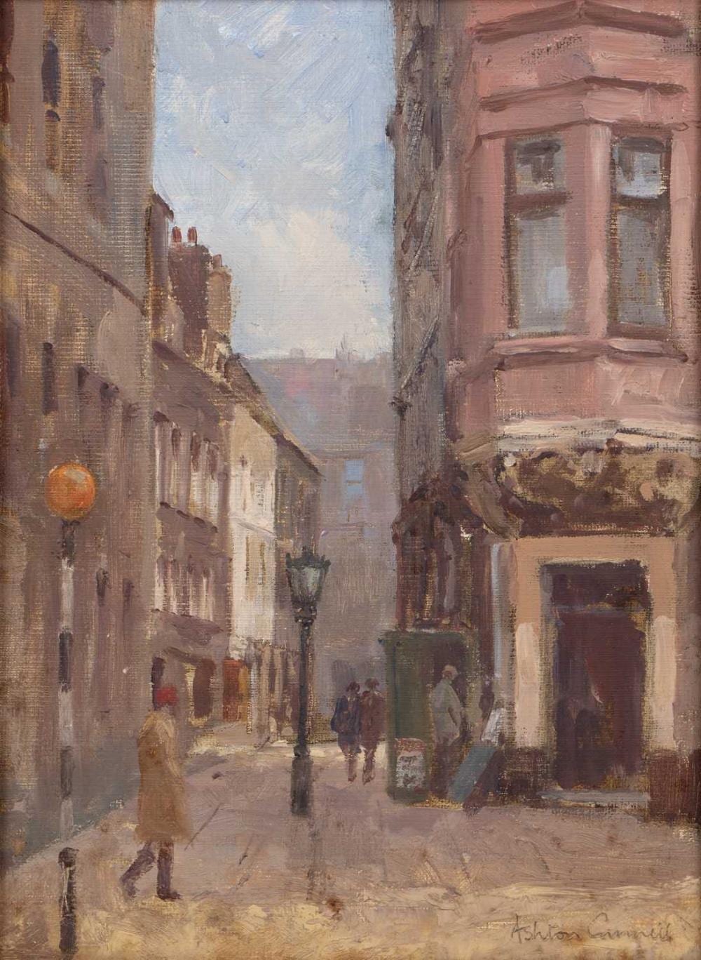 Edward Ashton Cannell comparable auction result: edward ashton cannell 1927 1994 figures in a street with lamp post signed oil on board and one further by the same hand shipping on the thames 16 5 x 22cm 2