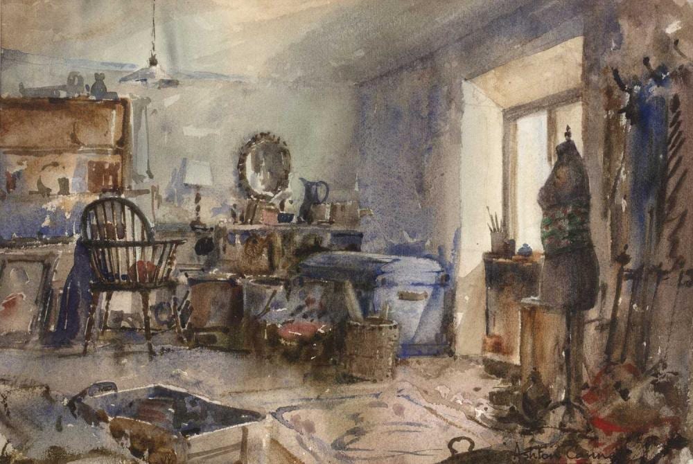 Edward Ashton Cannell comparable auction result: edward ashton cannell 1927 1994 an artist s studio signed watercolour 18 x 27cm and one further by the same hand morning in the barge repair shop 23 5 x 34 5cm 2