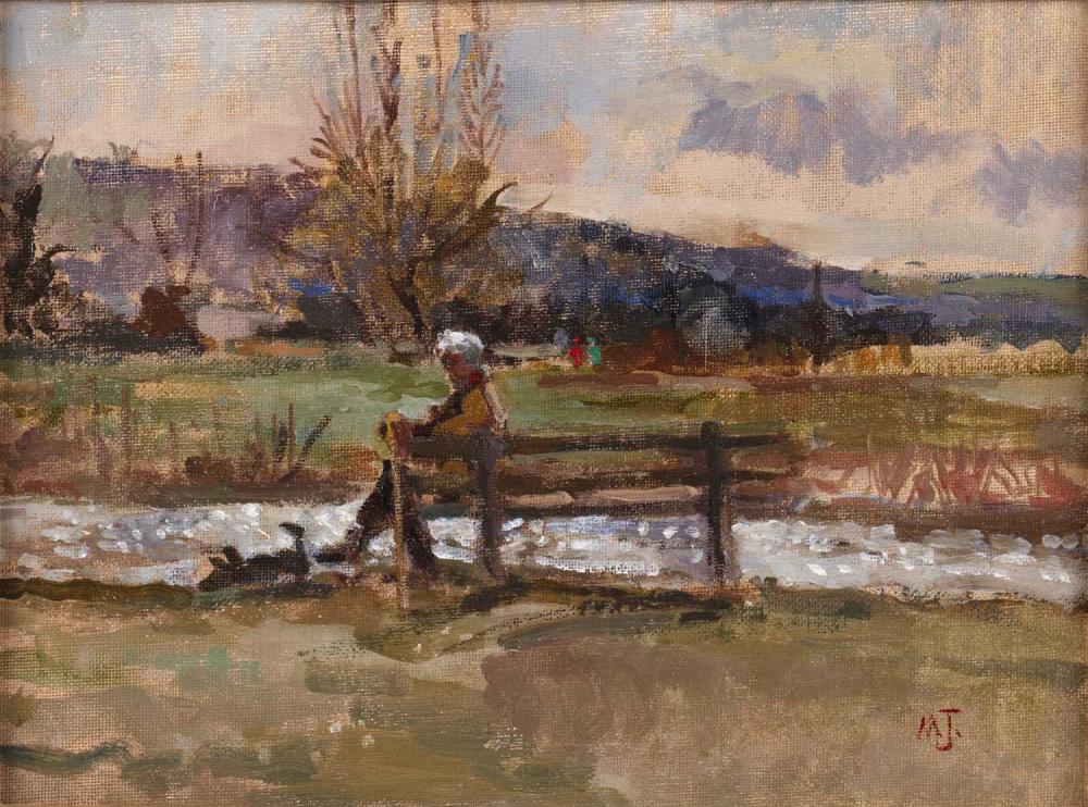 Mary Jackson comparable auction result: mary jackson b 1936 river bank salisbury signed with initials titled and signed verso oil on canvas board 16 x 23cm