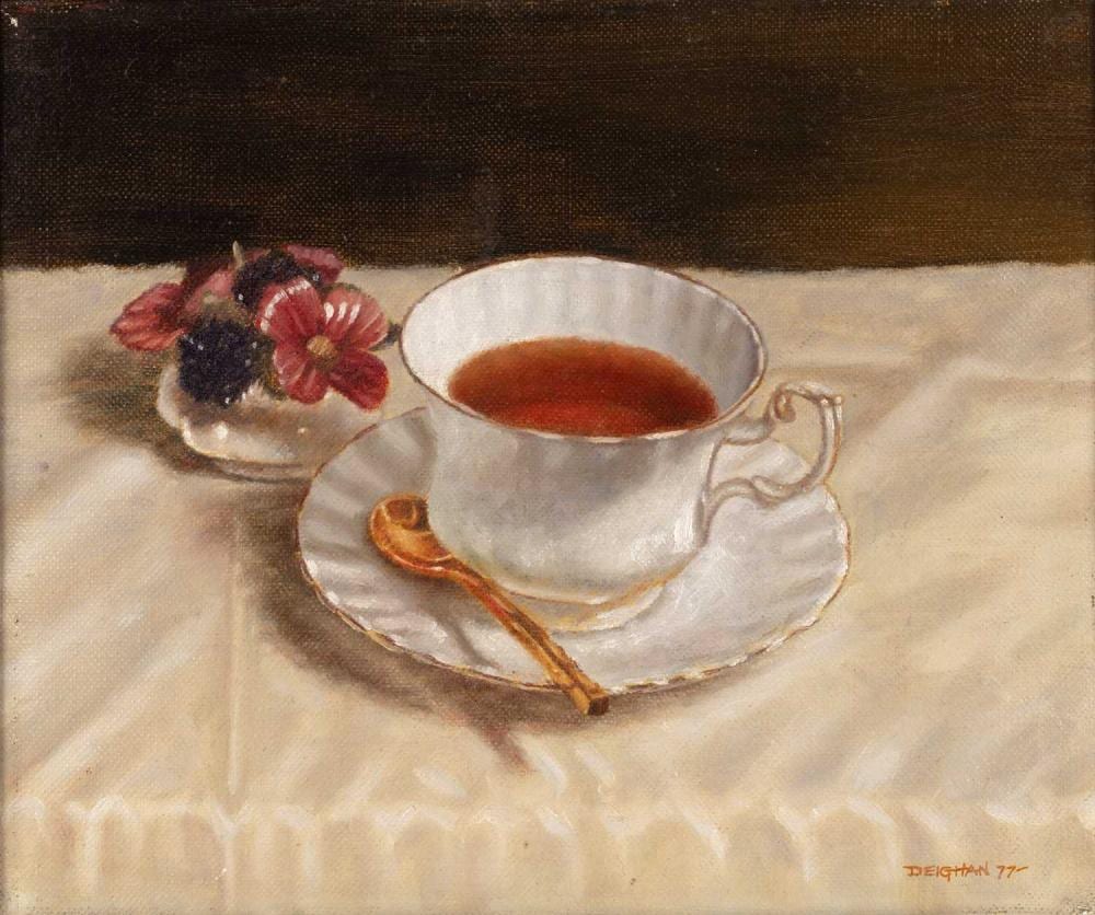 Peter Deighan comparable auction result: peter deighan b 1941 tea and flowers on a table signed and dated 77 oil on canvas 25 x 29 5cm