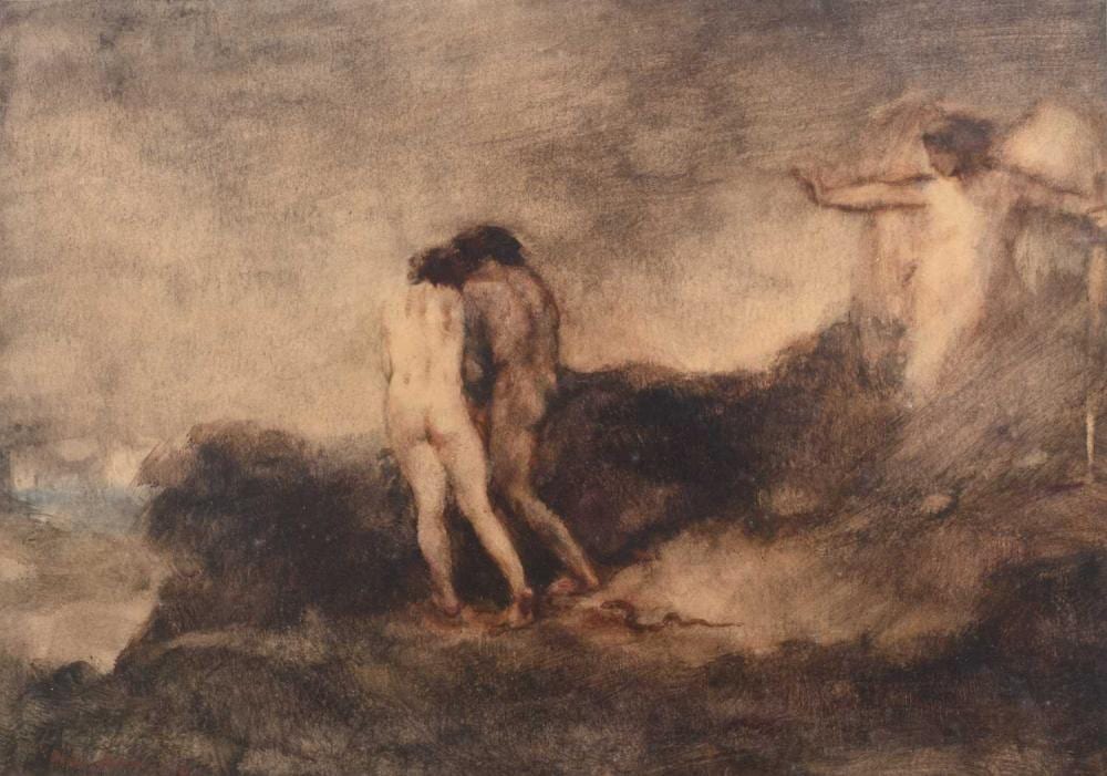 Oskar Larsen comparable auction result: oskar larsen 1882 1972 expulsion from the garden of eden signed and dated 1918 watercolour and gum arabic 31 x 44cm