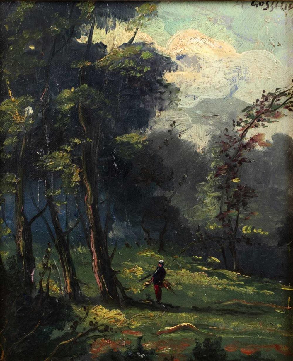Albert Gosselin comparable auction result: albert gosselin 1862 1931 40 faggot gatherer on a woodland track signed oil on canvas 26 5 x 22cm