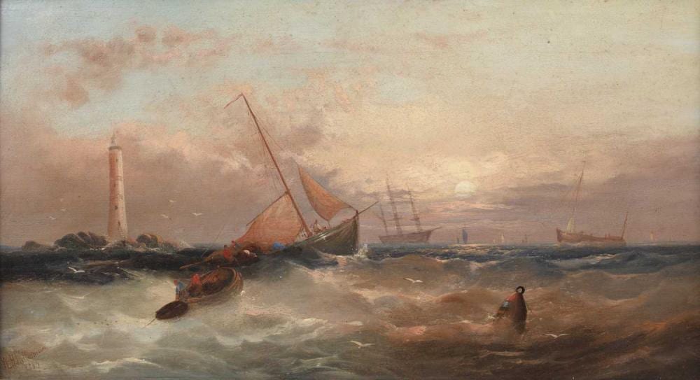 William Henry Williamson comparable auction result: william henry williamson 1820 1883 sailing vessels off a lighthouse at sunset signed and dated 1889 oil on canvas 23 x 44cm
