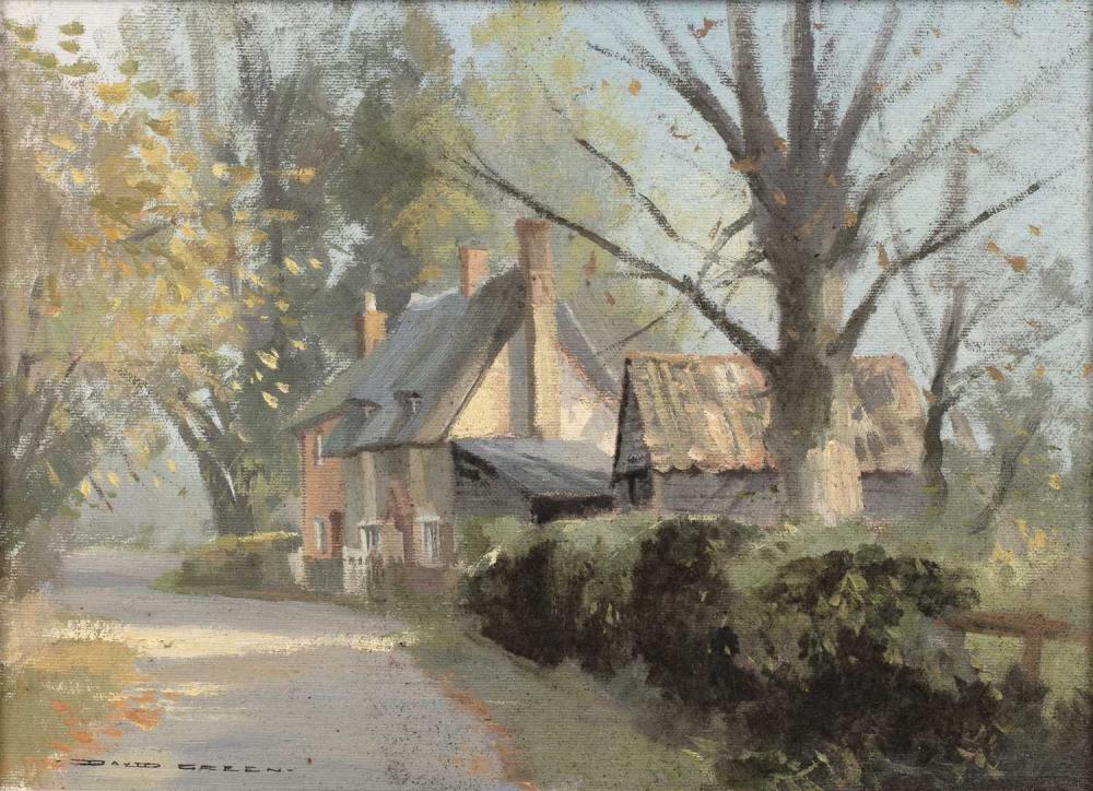 David Green comparable auction result: david green 1935 2013 cottages at pertenhall beds signed oil on canvas board 27 x 37cm and a watercolour by the same hand sutton church beds signed 34 x 50cm 2