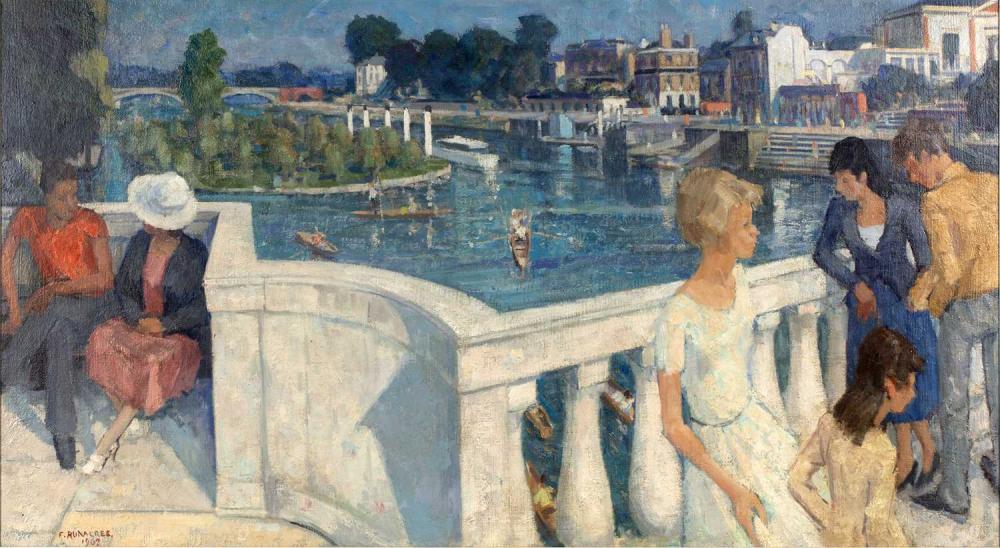 frank runacres 1904 1974 figures on a balcony overlooking rowers on the river signed and dated 1962 oil on board 49 x 90cm · Mallams · 2025-03-05 Frank Runacres comparable auction result: frank runacres 1904 1974 figures on a balcony overlooking rowers on the river signed and dated 1962 oil on board 49 x 90cm