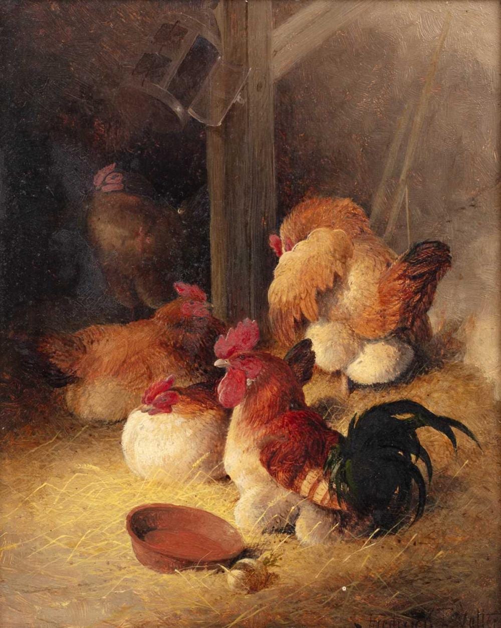 Frederick E. Valter comparable auction result: frederick e valter c 1860 c 1930 chickens in a barn signed oil on board 24 x 19 5cm