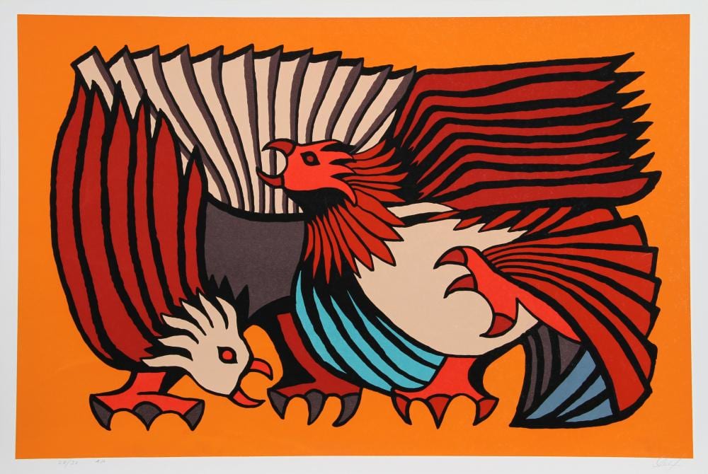 Víctor Delfín comparable auction result: victor delfin orange fighting cocks screenprint
