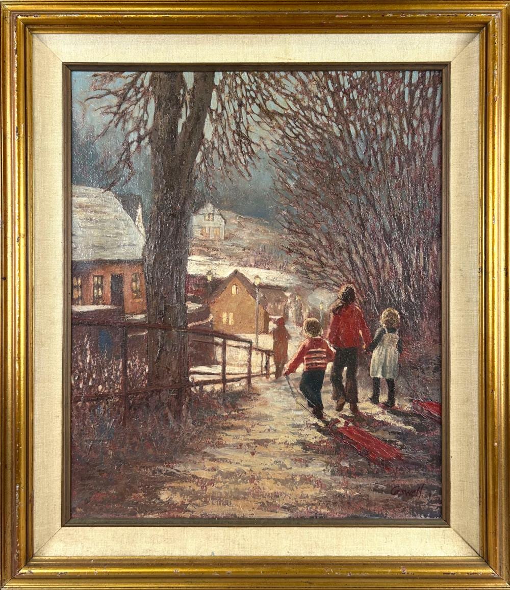 Helen Rayburn Caswell comparable auction result: helen rayburn caswell california 1923 2018 sled time oil on canvas 20 x 24 framed 31 x 27