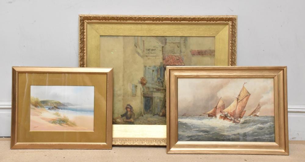 oswald garside 1879 1942 watercolour fish wife beside steps 50 x 68cm f j aldridge print and watercolour of a coastline 3 · Adam Partridge Auctioneers · 2025-03-06 Oswald Garside comparable auction result: oswald garside 1879 1942 watercolour fish wife beside steps 50 x 68cm f j aldridge print and watercolour of a coastline 3