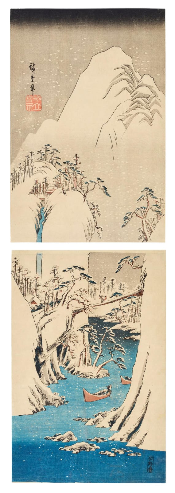 UTAGAWA HIROSHIGE (1797-1858). The Fuji River in snow. Vertical oban diptyc sold by Christie's, lot 257 — auction record photograph