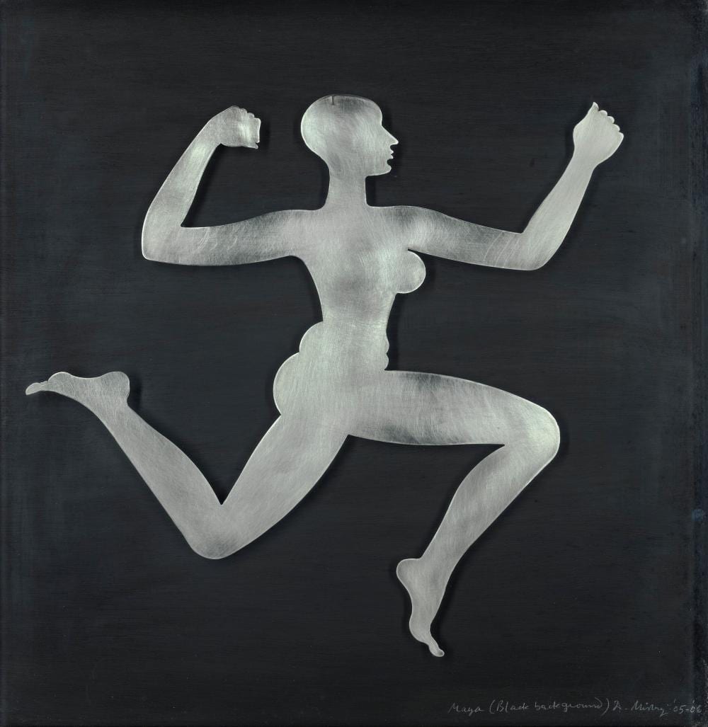 Dhruva Mistry comparable auction result: dhruva mistry b 1957 maya black background steel on board16 7 8 x 16