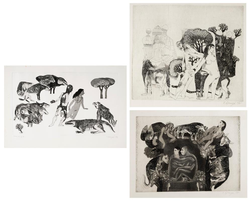 Laxma Goud comparable auction result: k laxma goud b 1940 untitled couple with beasts untitled adam and