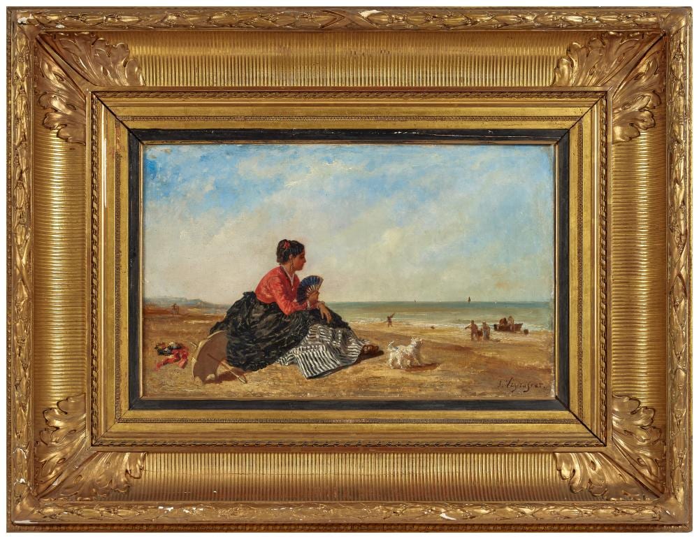 Jules Jacques Veyrassat comparable auction result: jules jacques veyrassat 1828 1893 jeune femme avec son chien sur une plage de la c te basque h