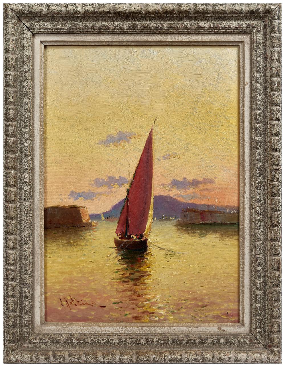 Louis Nattero comparable auction result: louis nattero 1870 1915 voilier au coucher du soleil dans les environs de toulon huile sur to