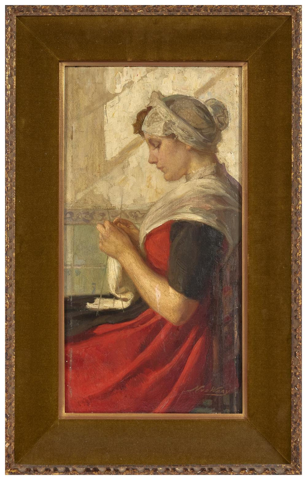 Nicolaas van der Waay comparable auction result: nicolaas van der waay 1855 1936 une orpheline d amsterdam tricotant huile sur panneau sign