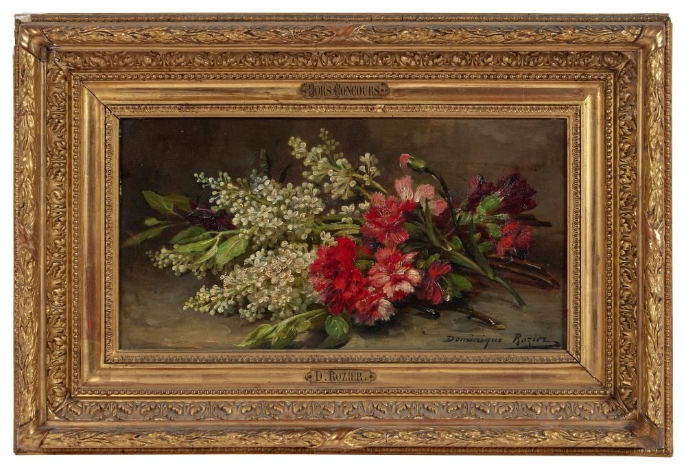 Dominique Hubert Rozier comparable auction result: dominique rozier 1840 1901 bouquet d oeillet rouge et lila blanc huile sur toile sign en b