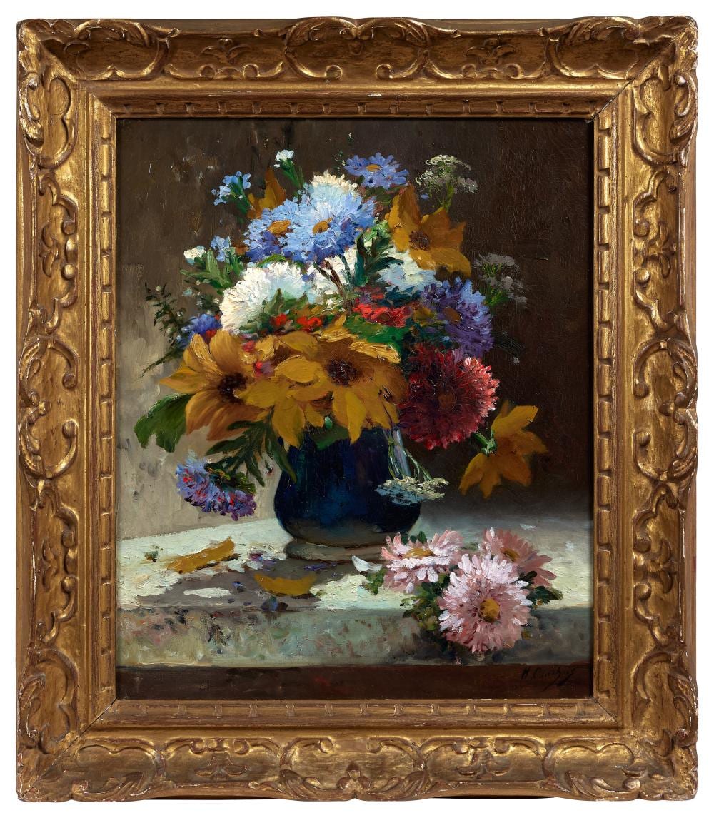 Eugène Henri Cauchois comparable auction result: eug ne henri cauchois 1850 1911 bouquet de tournesols et bleuets sur un entablement huile sur