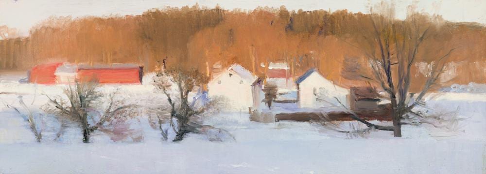 Ann Lofquist comparable auction result: ann lofquist am b 1964 snow scene with farm and houses oil on panel framed