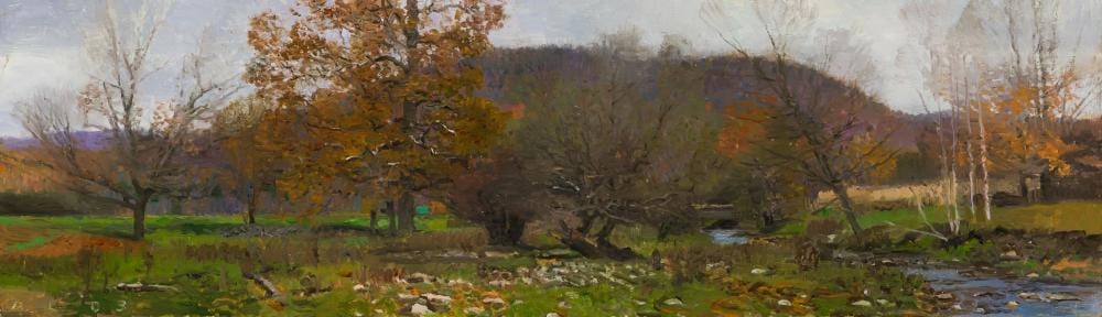 Ann Lofquist comparable auction result: ann lofquist am b 1964 autumn sycamore near stream with bridge 2003 oil on panel framed