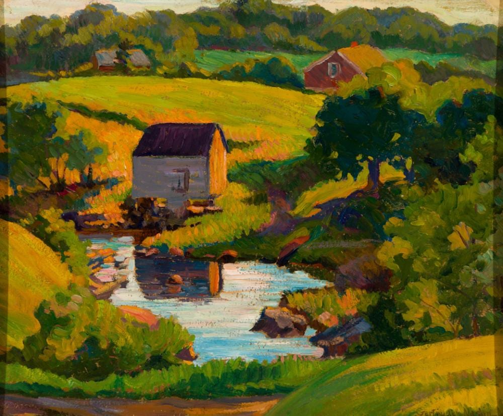 Gertrude Nason comparable auction result: gertrude nason am 1890 1965 setting sun round pond maine 1924 oil on board framed